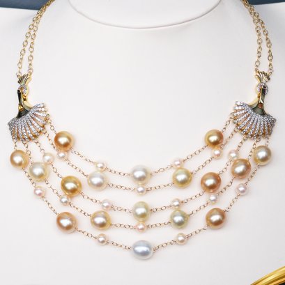 สร้อยคอไข่มุก Collection "Spirit of the Sea" ตะขอ Scallop ความยาวประมาณ 16" ไข่มุก South Sea และ ไข่มุก Akoya น้ำเค็มคัดเกรด สีทอง ทรงบารอก-หยดน้ำ ขนาด 6.0-10.0 mm เกรด AA-AA+ ตัวเรือนตะขอ เงินแท้ 925 ชุบทอง ประดับพลอยแท้ White Topa / 16.2.