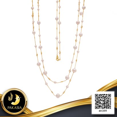 สร้อยคอไข่มุกระยะ (Station Necklace) เล็ก-ใหญ่ สร้อยโซ่ คั่นพลอยแท้ White Topaz ความยาว 66" ไข่มุก Edison และ Freshwater Pearl สีขาว / 12.8.65