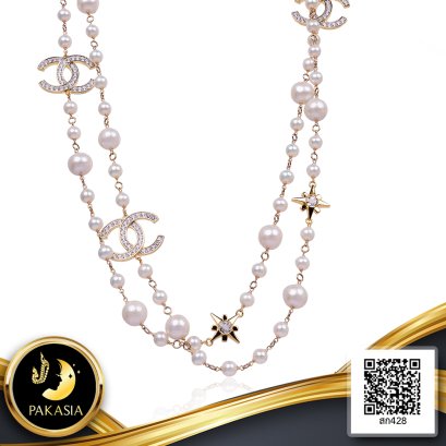 สร้อยคอไข่มุกระยะ (Station Necklace) คั่นห่วง ตัวคั่นแชแนล และดางดาว ความยาวประมาณ 52" ไข่มุก Freshwater Pearl สีขาว / 16.9.65