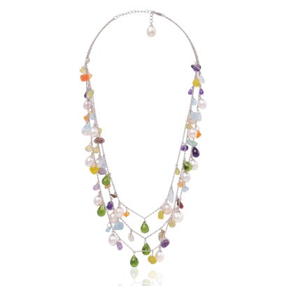 สร้อยคอไข่มุกระยะ Collection " ยิปซีพลอยหลากสี" ความยาว 19" ไข่มุก Freshwater Pearl สีขาว