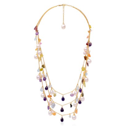 สร้อยคอไข่มุกระยะ Collection " ยิปซีพลอยหลากสี" ความยาว 19" ไข่มุก Freshwater Pearl สีขาว ตัวเรือนชุบสีทอง