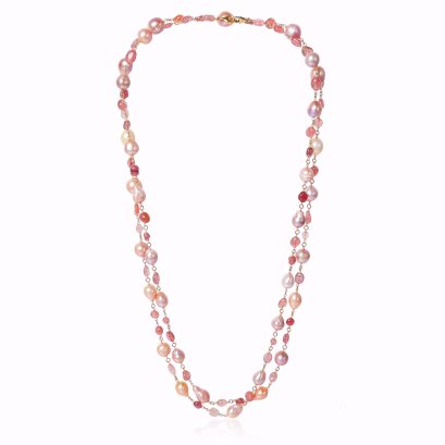 สร้อยคอไข่มุกระยะ ห่วงคั่นพลอยแท้ Strawberry Quartz ยาว 56"