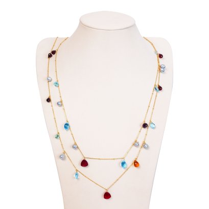 สร้อยคอ 2 สาย ไข่มุก Akoya ห้อยระยะสลับพลอยหลากสี