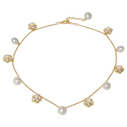 สร้อยคอไข่มุกห้อยระยะคั่น ตัวห้อยดอกไม้ ยาว 19"