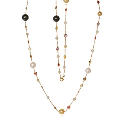 สร้อยคอไข่มุก 3 สหาย ห้อยระยะสลับพลอยหลากสี ยาว 40.0"