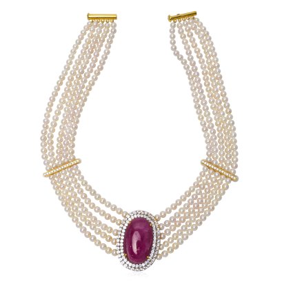 สร้อยคอไข่มุก 5 สาย ห้อยจี้ "Ruby of Joy"  ยาว 15.5"