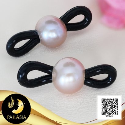 ห่วงคล้องสายแว่นตาคั่นไข่มุก ไข่มุกน้ำจืดคัดเกรด สีม่วง-โอลด์โรส ทรงไข่ ขนาด 8 mm เกรด AA ตัวเรือนยางซิลิโคนอย่างดีสีดำ / 21.4.64