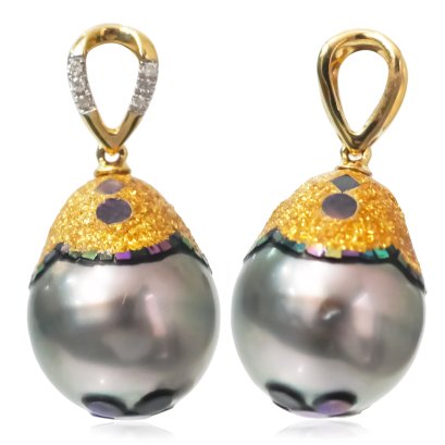 10.50 mm, Maki-e Tahitian Pearl, Solitaire Pearl Diamond Pendant