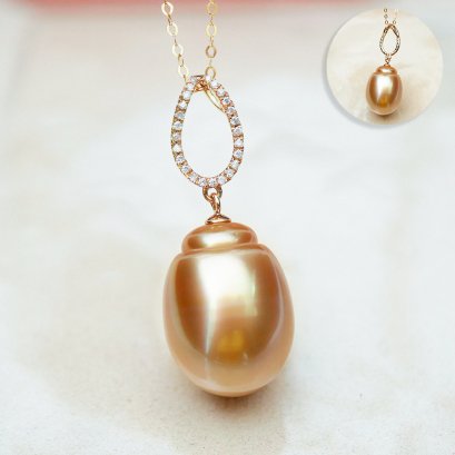 13.10 mm, Gold South Sea Pearl, Diamond Drop Pearl Pendant