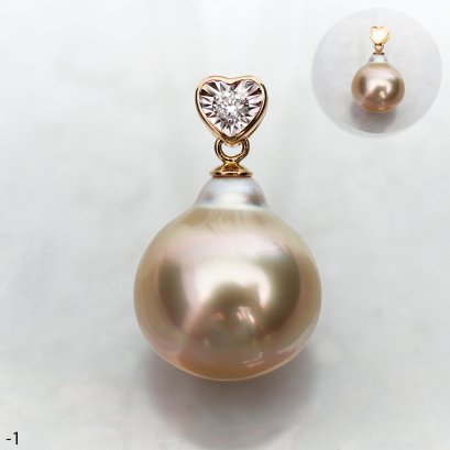 Approx. 13.0 mm, Gold South Sea Pearl, Diamond Heart Pearl Drop Pendant