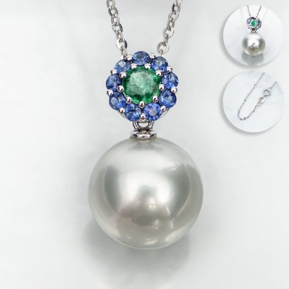 (GIA) (PSL) Approx. 11.9 mm, Aurora Phoenix, Cocktail Emerald Dangle Pearl Pendant with Cable Chain