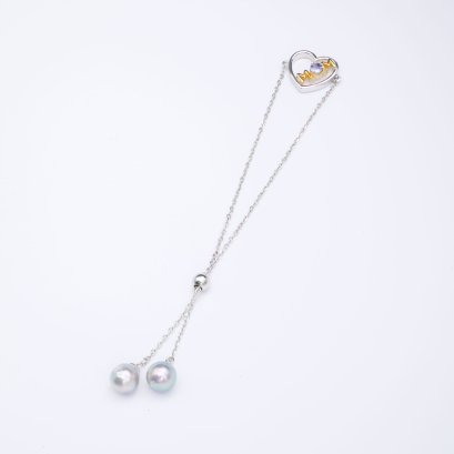 7.72 mm and 7.91 mm, Akoya Pearl, "Mom Collection" Twin Pearl Chain Bracelet