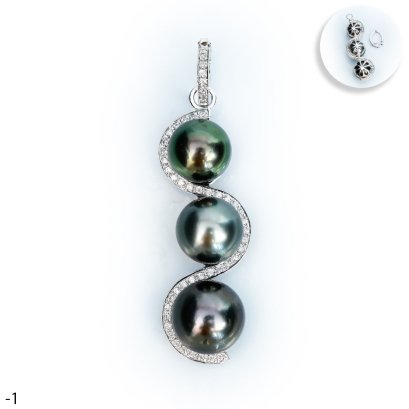 Approx. 13.0 - 15.0 mm, Tahitian Pearl, Spiral Triple Pearl Hinge Clasp Pendant