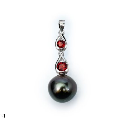 Approx. 13.0 mm, Tahitian Pearl, Double Garnet Drop Dangle Pearl Pendant