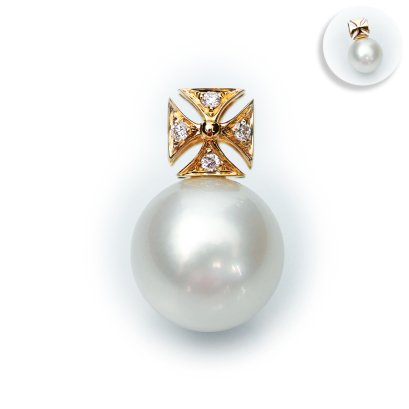 9.58 mm, Broome Lot, White South Sea Pearl, Diamond Cross Pearl Pendant