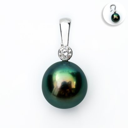 11.46 mm, Tahitian Pearl, Diamond Dot Hinge Clasp Pearl Pendant