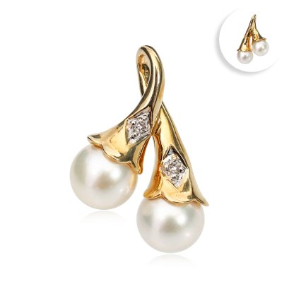 Approx. 6.5 mm and 6.5 mm, Akoya Pearl, Twin Pearl Diamond Pendant