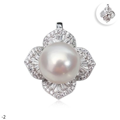 Approx. 10.0 -11.0 mm, Edison Paerl, Four Petals Flower CZ Paved Pearl Hinge Clasp Pendant