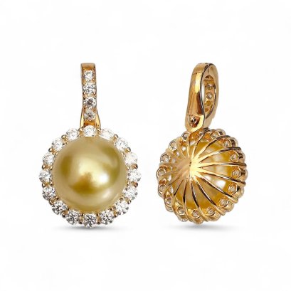 Approx. 9.0 - 11.0 mm, Gold South Sea Pearl, Halo CZ Solitaire Pearl Hinge Clasp