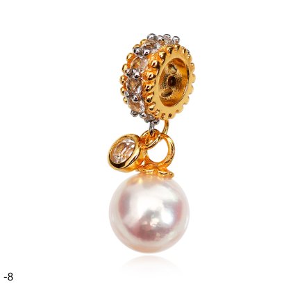 Approx. 8.0 mm, Akoya Pearl, Donut White Topaz Paved Charm with Dangle Pearl Drop