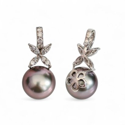 10.3 mm, Tahitian Pearl, West Indian Jasmine Diamond Paved Pearl Hinge Clasp Pendant