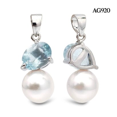 Approx. 8.0 mm, Akoya Pearl, Three Prongs Aquamarine Dark & Pearl Pendant