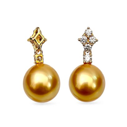 12.3 mm, Gold South Sea Pearl, Diamond Rhombus with Dangle Pearl Diamond Dot Pendant