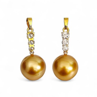 14.0 mm, Gold South Sea Pearl, Three Stones Diamond Row Dangle Pearl Pendant