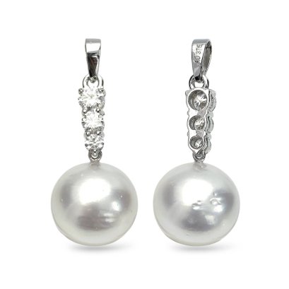 14.05 mm, White South Sea Pearl, Three Stones Moissanite Dangle Pearl Pendant