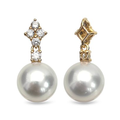 11.5 mm, White South Sea Pearl, Rhombus Diamond, Diamond Dot Dangle Pearl Pendant