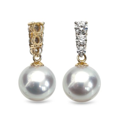 10.4 mm, White South Sea Pearl, Three Stones Diamond Dangle Pearl Pendant