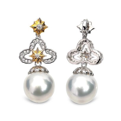 12.99 mm, White South Sea Pearl, Royal Leaf CZ Paved Pearl Hinge Clasp Pendant