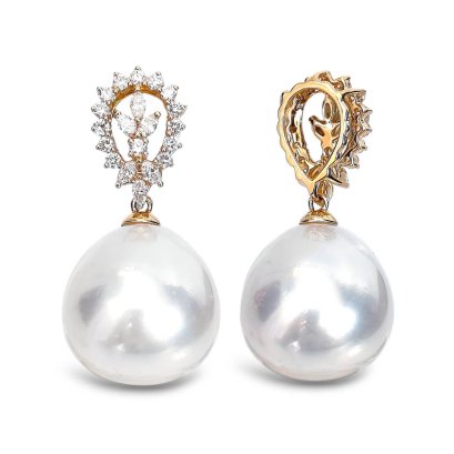 16.0 mm, White South Sea Pearl, Royal Wreath Diamond Dangle Pearl Pendant