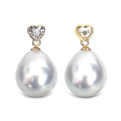 11.7 mm, White South Sea Pearl, Dimond Dot Heart Shape Dangle Pearl Pendant