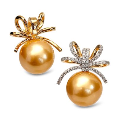 Approx. 12.0 - 13.0 mm, Gala Gold Lot, Gold South Sea Pearl, Bow Diamond Pearl Pendant