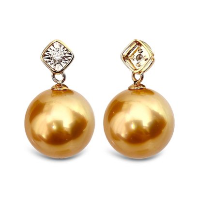 11.8 mm, Gold South Sea Pearl, Rhombus Diamond Dangle Pearl Pendant
