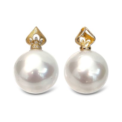 13.4 mm, White South Sea Pearl, Crown Solitaire Pearl Pendant