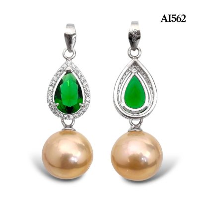 Approx. 10.0 mm, Edison Pearl, Drop Green CZ Halo Dangle Pearl Pendant