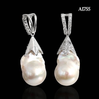 (No Pass QC) Approx. 13.0 - 14.0 mm, Baroque Fireball Edison Pearl, Solitaire Pearl Alloy CZ Pendant