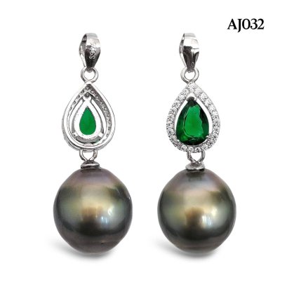 Approx. 11.0 - 12.0 mm, Tahitian Pearl, Drop Green CZ Holo Dangle Pearl Pendant