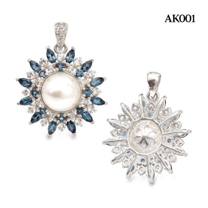 13.4 mm, White South Sea Pearl, Solitaire Pearl Sunray Halo Blue topaz & Zircon Hinge Clasp Pendant