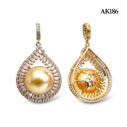 Approx. 12.0 mm, Gold South Sea Pearl, Lotus CZ Paved Pearl Pendant