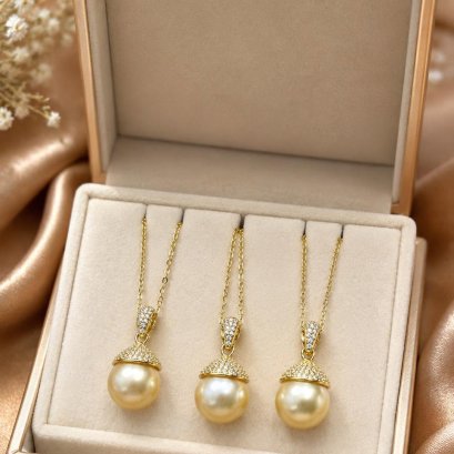 Approx. 13.0 mm, Gold South Sea Pearl, Solitaire Pearl CZ Paved Cap Pendant with Cable Chain Necklace