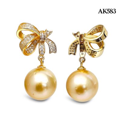 Approx. 11.0 mm, Gold South Sea Pearl, Bow CZ Paved Dangle Pearl Pendant