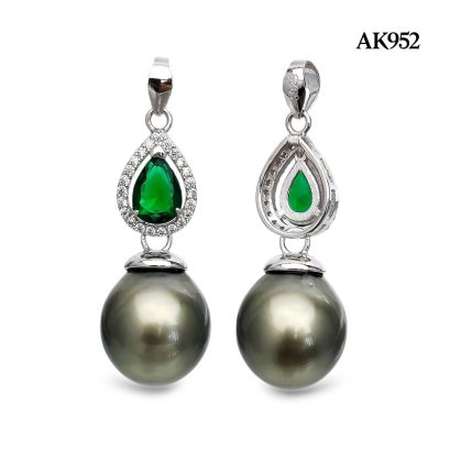 11.1 mm, Tahitian Pearl, Green CZ Drop Shape Dangle Pearl Pendant
