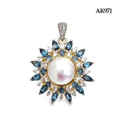 13.8 mm, Gold South Sea Pearl, Pearl Halo London Blue Topaz and White Zircon Hinge Clasp Pendant