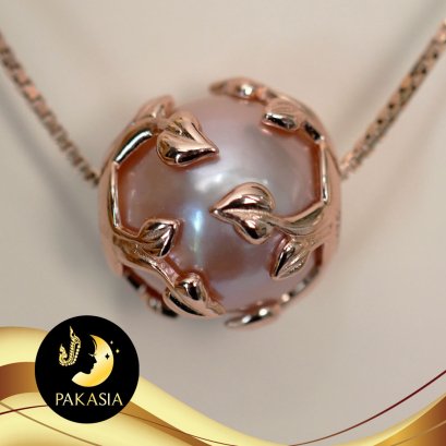 ชาร์มมุกแท้ปกาเซีย ตัวครอบฉลุลายใบไม้เงินแท้ 92.5 ชุบพิงค์โกลด์ / SN0100YP504