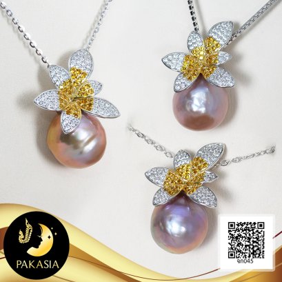 (ไม่รวมสร้อย) จี้ไข่มุก Ripple Pearl ใบไม้ประดับเพชร 2 สี ไข่มุก Ripple Pearl น้ำจืดคัดเกรด สีม่วง ทรงบารอก ขนาด 11 mm เกรด AA+ ตัวเรือนใบไม้เงินแท้ 92.5 ชุบทองคำขาว ประดับเพชร CZ 2 สี / 28.4.64