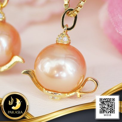 (ไม่รวมสร้อย) จี้ไข่มุก Collection กาน้ำ ไข่มุก Edison สายพันธุ์น้ำจืดคัดเกรด สีพีช ทรงเกือบกลม-กลม ขนาด 10.0 mm เกรด AA+ ตัวเรือนจี้กาน้ำ เงินแท้ 925 ชุบสีทอง จุกจี้ประดับเพชร CZ / 9.1.65