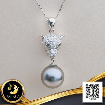 (ไม่รวมสร้อย) จี้หัวเสือประดับเพชร CZ ห้อยมุกเม็ดเดี่ยว มุกตาฮิติ น้ำเค็มคัดเกรด สีเทา Two Tone  ทรงเกือบกลม-กลม ขนาด 10.0-10.9 mm เกรด AA-AA+ ตัวเรือนจี้ วัสดุเงินแท้ 925 ชุบสีทองคำขาว ประดับเพชร CZ / 30.1.65